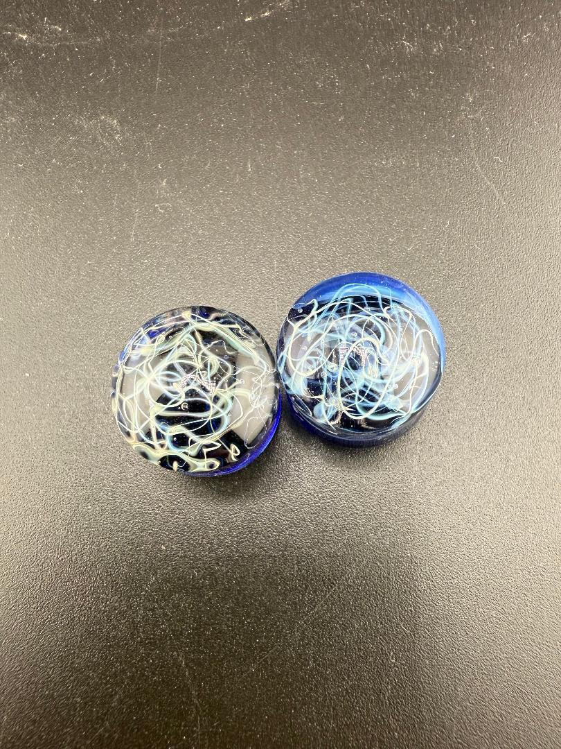 Handcrafted Mop Head Glass Gauges in 3/4" size with bold blue and swirl patterns, made in Spokane, WA.