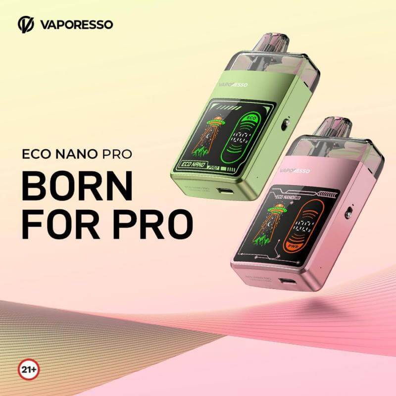 Vaporesso Eco Nano Pro in green and pink, showcasing dynamic display and modern design for smooth vaping experience.