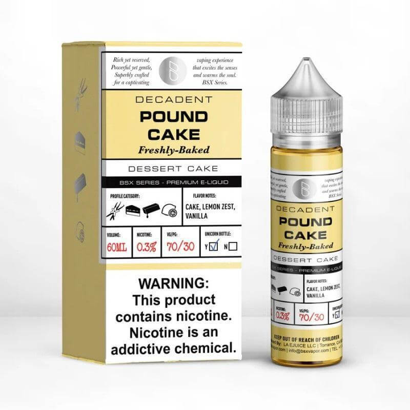 BSX Series 60ml Decadent Pound Cake e-liquid bottle and box, featuring cake, lemon zest, and vanilla flavors.