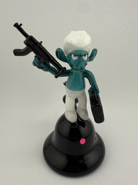 McDoogle Glass Blue Character Rig w/ Briefcase & Machine Gun – 10mm 90° | Whimsical Heady Glass with an Edge