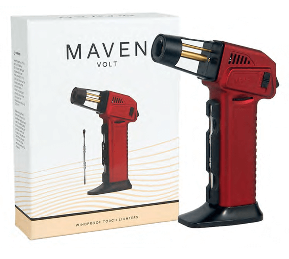 Maven Volt Butane Torch in red with packaging, featuring adjustable jet flame and windproof design.