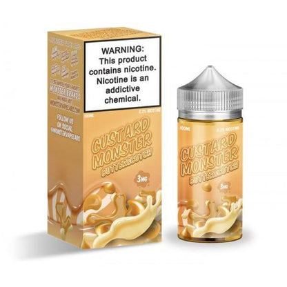 Custard Monster Butterscotch e-liquid 100ml bottle and packaging, featuring rich dessert flavor for vaping.