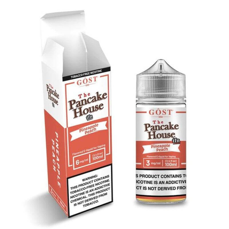 Bottle of The Pancake House Pineapple Peach e-liquid with packaging, 100ml vaping juice.