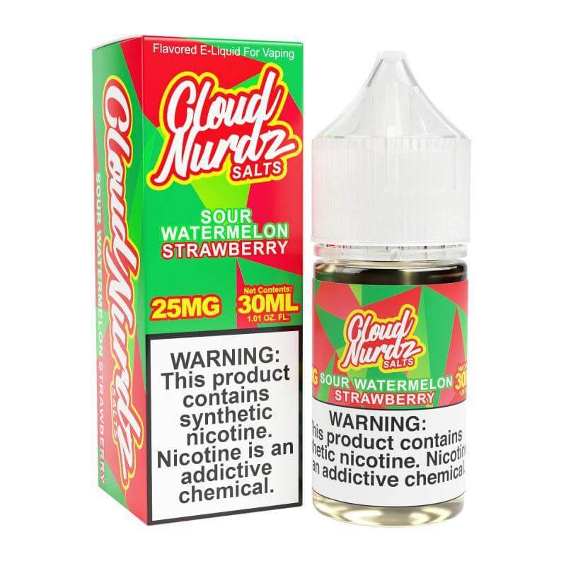 Cloud NURDZ Sour Watermelon Strawberry 30ml nicotine salt e-liquid bottle with packaging.