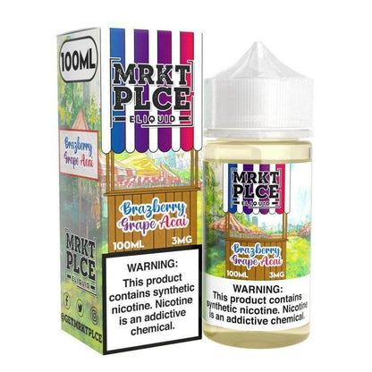 Mrkt Plce 100ml e-liquid bottle with label featuring Brazberry Grape Acai flavor and nicotine warning.