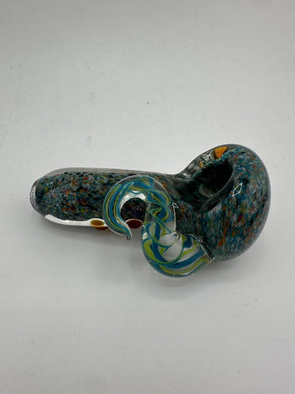 Paulson Pieces Small Glass Hand Pipe – Blue Multicolor Frit with Yellow & Blue Swirl Horn