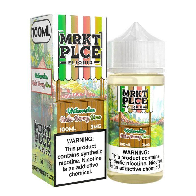 MRKT Place 100ml e-liquid bottle with watermelon and lime flavor, featuring warning labels about nicotine.