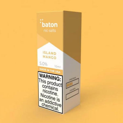 Baton Salts 10ml Island Mango vape juice with 5% nicotine, featuring a warning label and vibrant packaging.