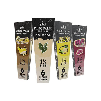 King Palm Hemp Cones 6pc in Banana Foster, Natural, Lil Lemon, and Grape flavors, 1 1/4 size packaging.