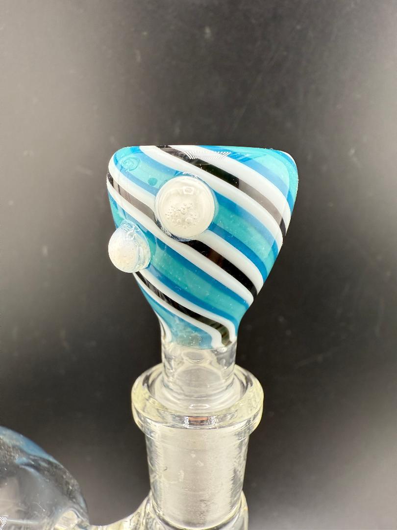 Vibrant blue and white striped 14mm bowl, showcasing a unique glass art design for enhanced smoking experience.