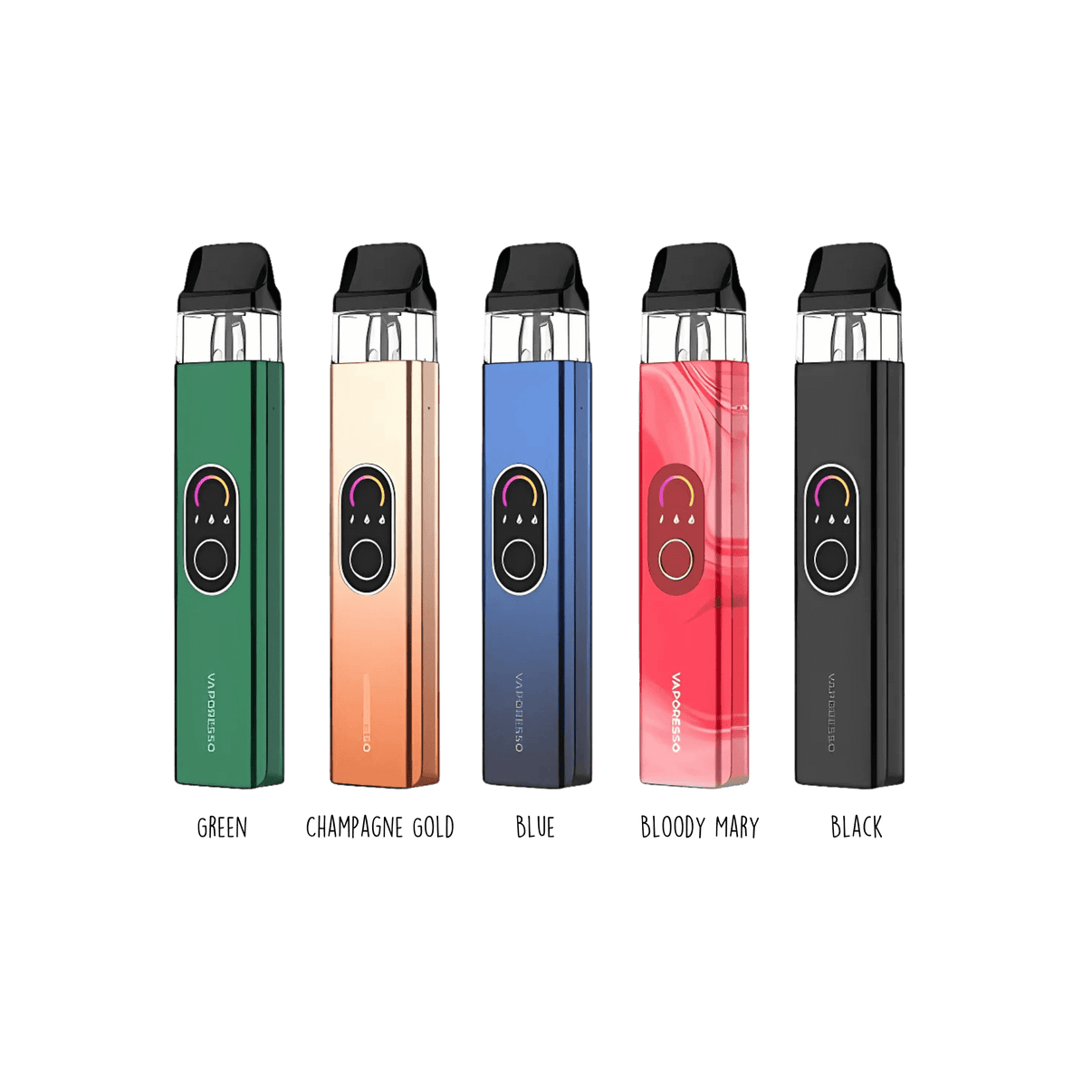 Vaporesso XROS 4 vape devices in various colors showcasing COREX 2.0 technology and top-filling pods.