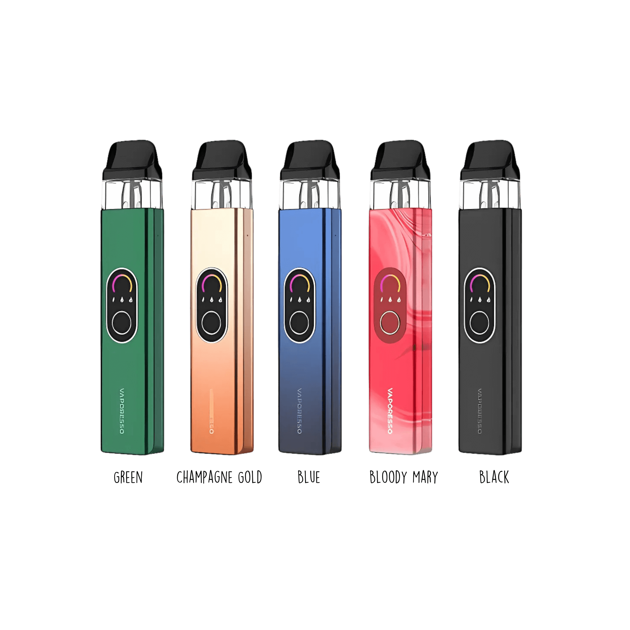 Vaporesso XROS 4 vape devices in various colors showcasing COREX 2.0 technology and top-filling pods.