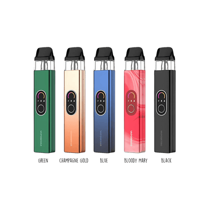 Vaporesso XROS 4 vape devices in various colors showcasing COREX 2.0 technology and top-filling pods.