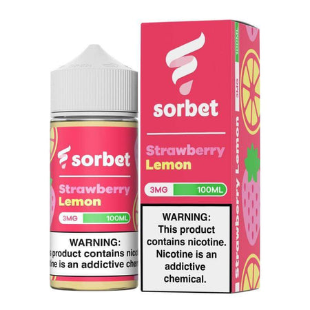 Sorbet Pop 100ml e-liquid bottle with strawberry lemon flavor, featuring a pink design and nicotine warning label.