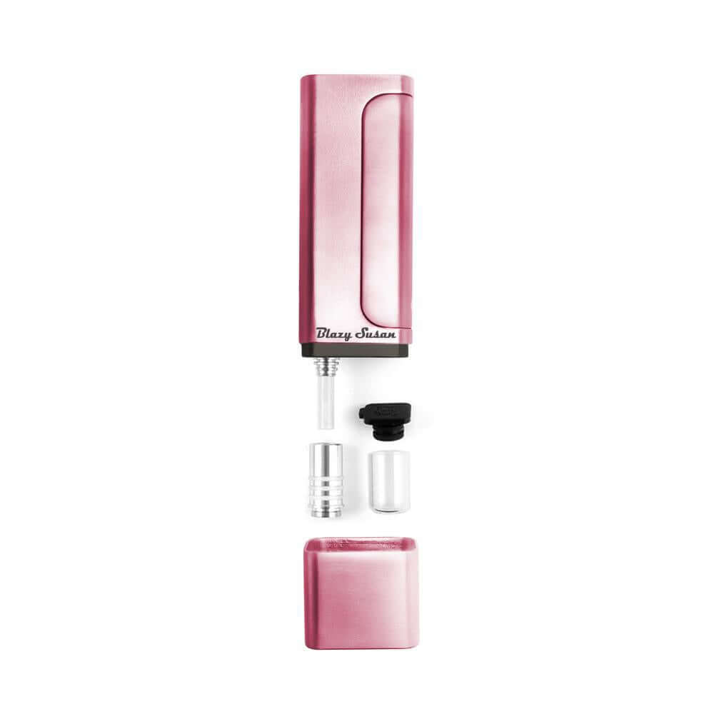 Huni Badger Portable Device Pro in pink, disassembled to show components including heating element and mouthpiece.
