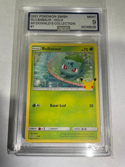 Pokémon TCG | 2021 Bulbasaur 1/25 | McDonald's Collection | AGS Mint 9 | Cert #00766035 card featuring Bulbasaur