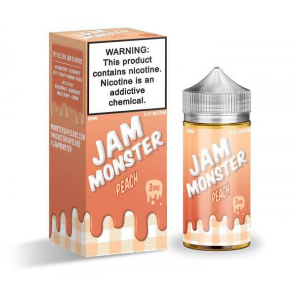 Jam Monster 100ml e-liquid bottle and box featuring peach flavor with nicotine warning.