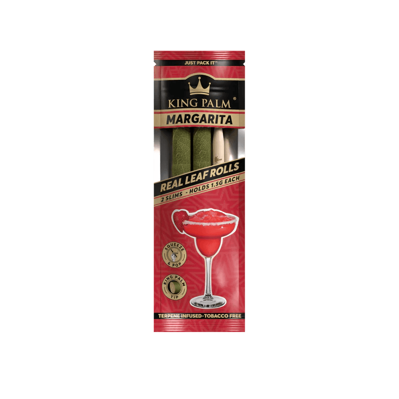 King Palm Margarita Real Leaf Rolls pack with 2 slim rolls, 1.5g each, featuring a margarita design, terpene infused, tobacco-free.