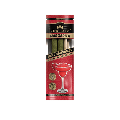 King Palm Margarita Real Leaf Rolls pack with 2 slim rolls, 1.5g each, featuring a margarita design, terpene infused, tobacco-free.