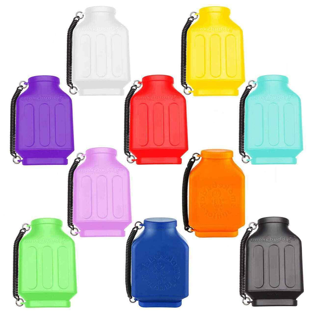 Colorful Smokebuddy Jr air filters in various sizes displayed, showcasing portability and fun design options.
