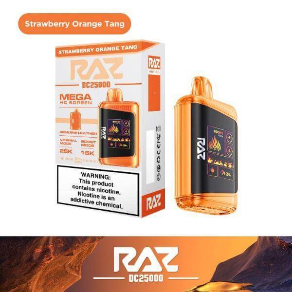 Raz 25 Disposable Nicotine Vape in Strawberry Orange Tang flavor, showcasing sleek design and powerful performance.