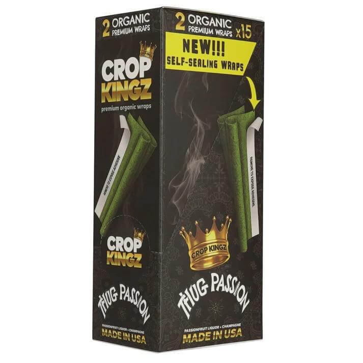 Crop Kingz Hemp Wraps Thug Passion flavor with self-sealing gum strip, pack of 2 organic premium wraps.