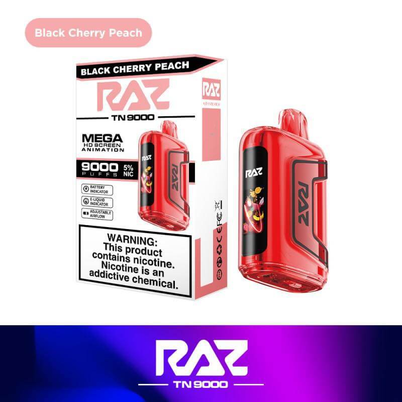 Raz TN9000 Disposable Vape in Black Cherry Peach flavor, featuring 9000 puffs and 5% nicotine strength.