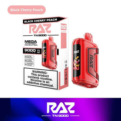 Raz TN9000 Disposable Vape in Black Cherry Peach flavor, featuring 9000 puffs and 5% nicotine strength.