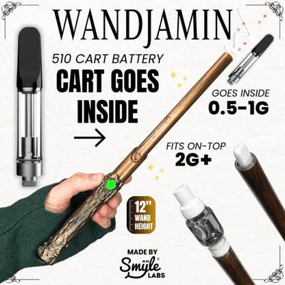 Wandjamin 510 cart battery featuring LED light and compatibility with various cart sizes for aromatherapy.