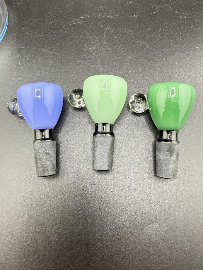 Three vibrant colored 14mm opal grit bowls in blue, green, and light green, perfect for various uses.