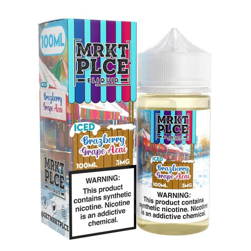 MRKT Place ICED Brazberry Grape Acai 100ml eJuice with menthol flavor, featuring a vibrant packaging design.