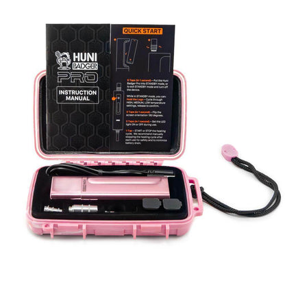 Huni Badger Pro portable device with instruction manual, designed for easy herbal extract consumption on-the-go.