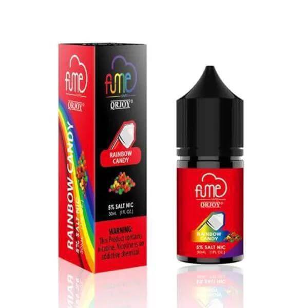 FUME Salt Nic 5% e-liquid in Rainbow Candy flavor, featuring vibrant packaging and a warning label.