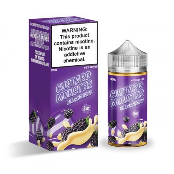 Jam Monster e-liquid 100ml bottle with blackberry custard flavor, featuring bold packaging and nicotine warning.