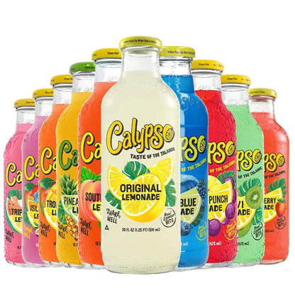 Various flavors of Calypso Lemonade bottles, including Original Lemonade and vibrant fruity options.