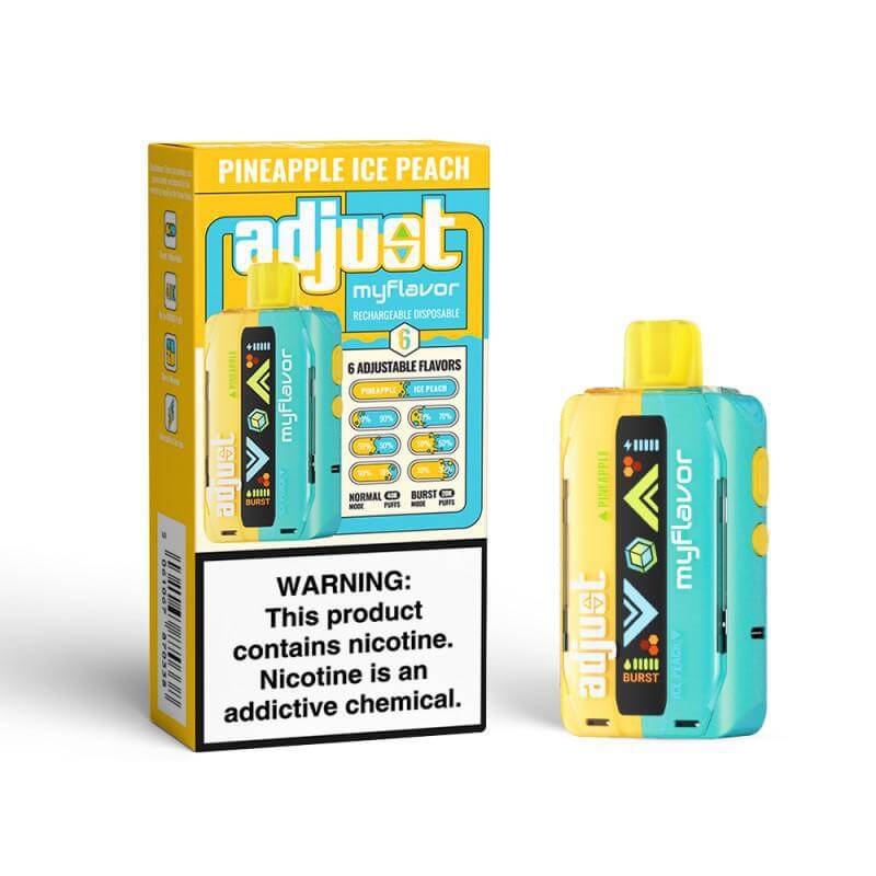 Adjust MyFlavor Disposable Nicotine Vape, customizable flavors, Pineapple Ice Peach, 5% nicotine strength.