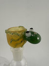 14mm glass bowl piece featuring an intricately designed green octopus with detailed tentacles and vibrant colors.