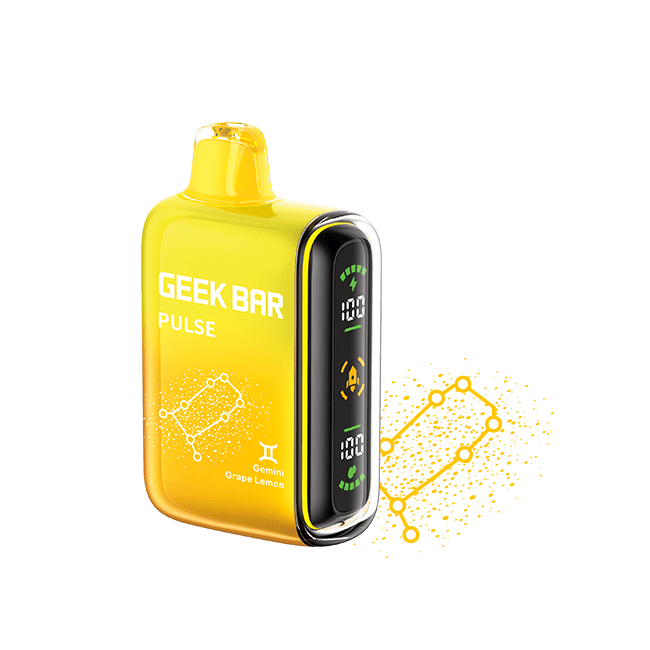 Geek Bar Pulse 15K Gemini Grape Lemon disposable vape in yellow with digital display, showcasing cosmic vaping experience.
