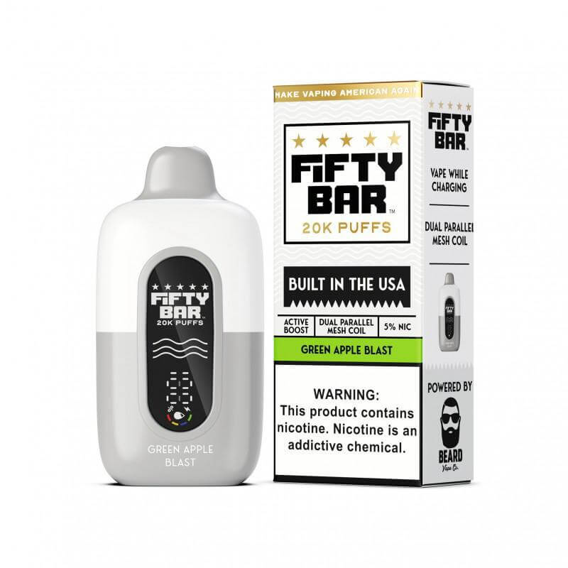 Fifty Bar 20K Disposable in Green Apple Blast flavor, featuring a sleek design and high-performance vaping.