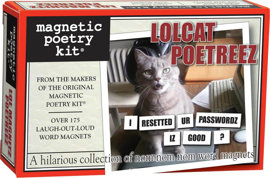 Magnetic Poetry Kit LOLCAT edition featuring a playful cat and humorous word magnets for creative language fun.