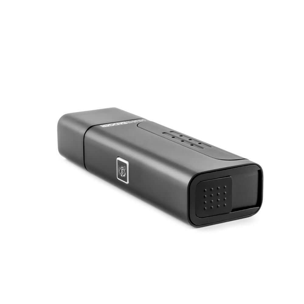 Huni Badger portable device showcasing sleek black design for herbal extracts, powered by rechargeable battery.