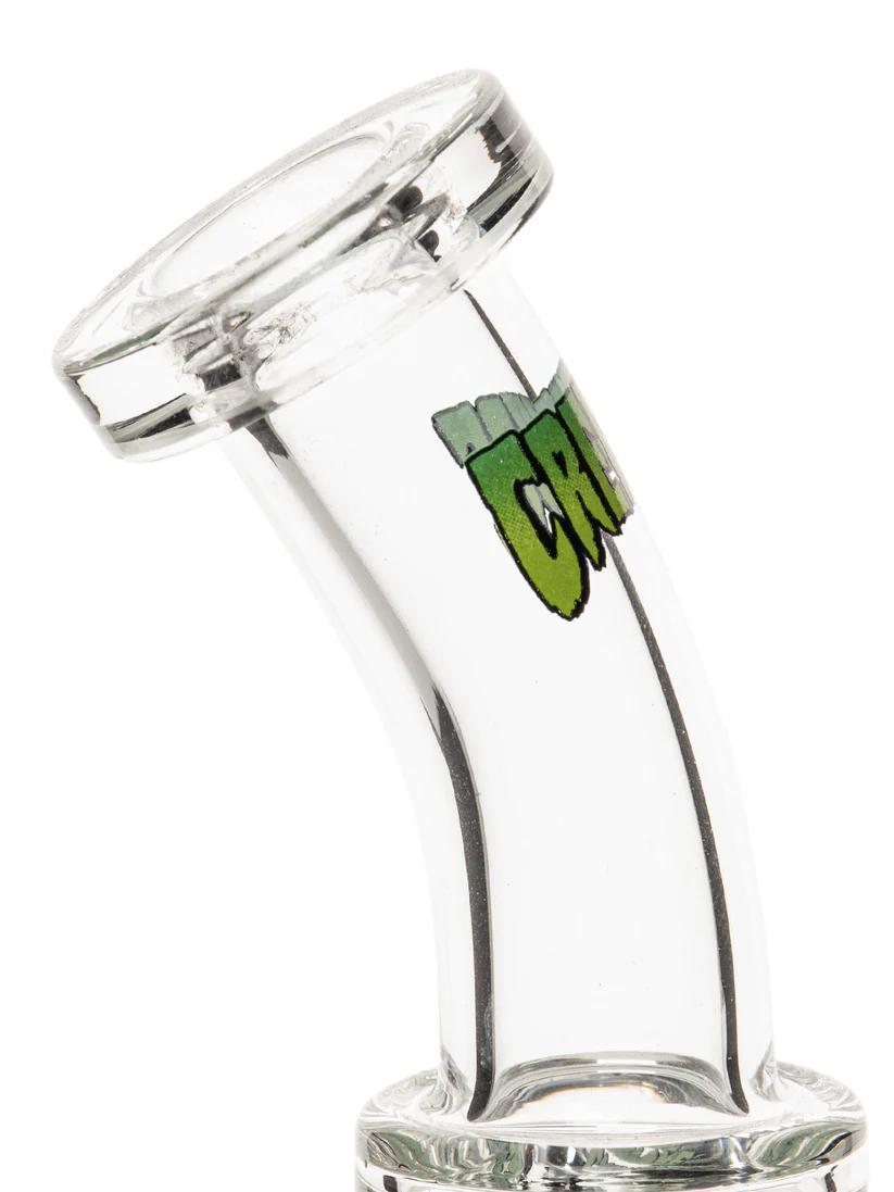Close-up of Gear Premium x Creature 7.5" Concentrate Rig neck with colorful logo design.