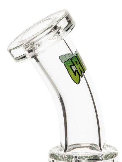 Close-up of Gear Premium x Creature 7.5" Concentrate Rig neck with colorful logo design.