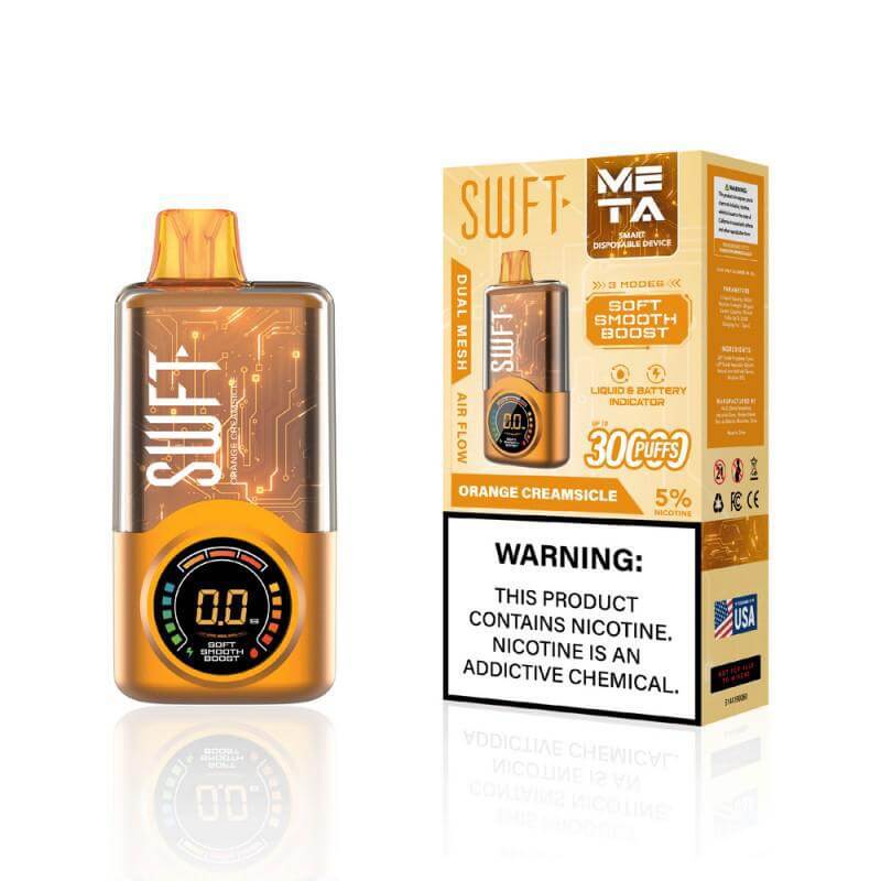 SWFT Meta 30k Disposable Vape, Orange Creamsicle flavor with adjustable wattage, 5% nicotine, 30,000 puffs.