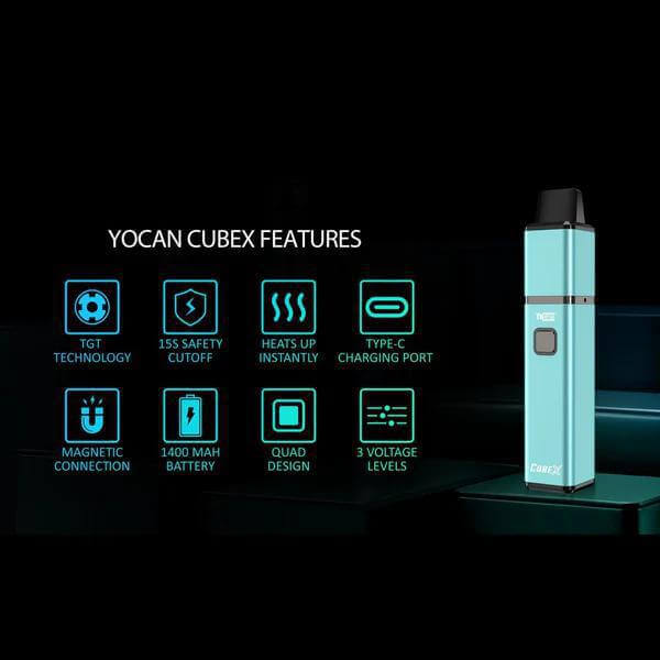 Yocan Cubex Vaporizer features including TGT technology, 15s safety cutoff, heats up instantly, Type-C charging, 1400 mAh battery.