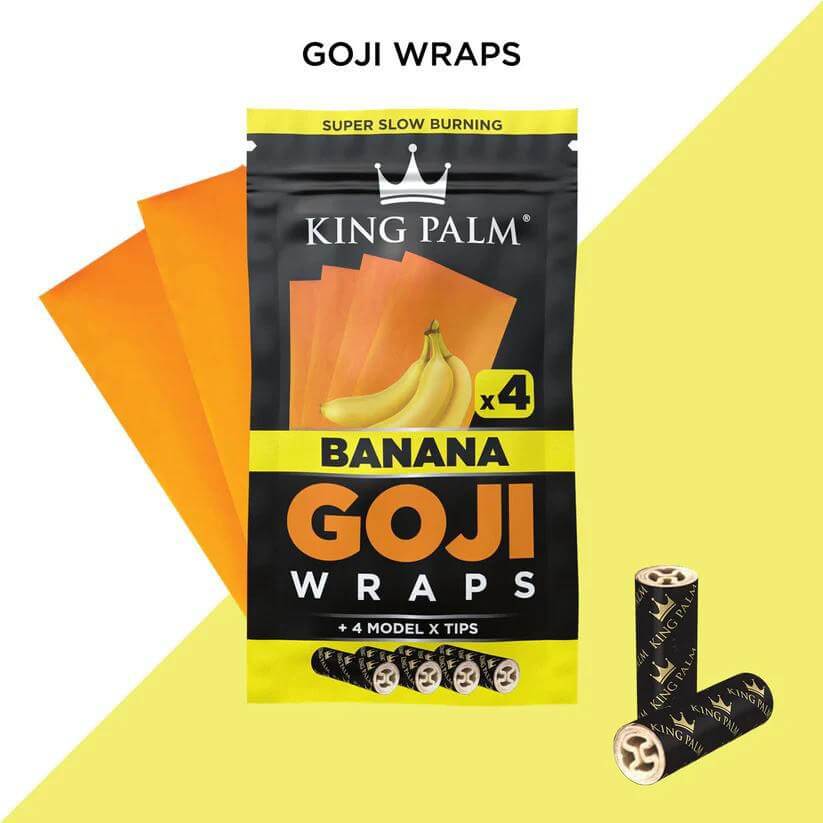 King Palm banana flavored goji wraps with 4 model X tips, featuring colorful packaging and slow-burning design.