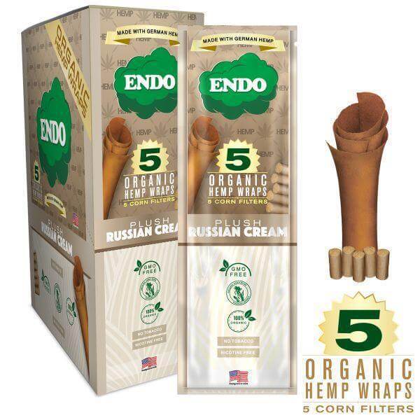 Endo Organic Hemp Wraps packaging featuring 5 premium wraps and corn filters, made from 100% organic German hemp.