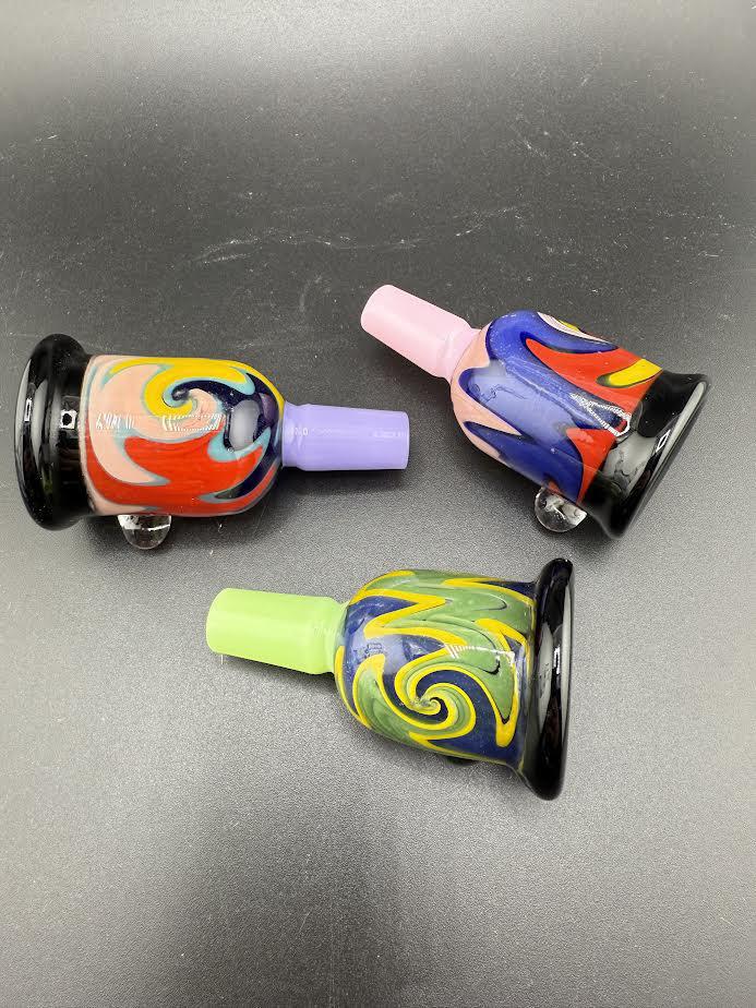 Colorful Jingle Bell Swirl 14mm bowl pieces in vibrant designs, perfect for enhancing your smoking experience.