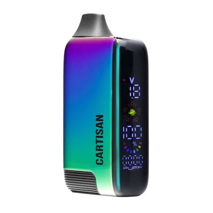 Cartisan Puff vaporizer with digital display, featuring a gradient color finish and compact design for 510 tanks and cartridges.