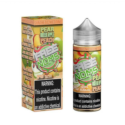 NOMS 120ml e-liquid bottle with pear, green apple, and peach flavor standing next to its colorful packaging.